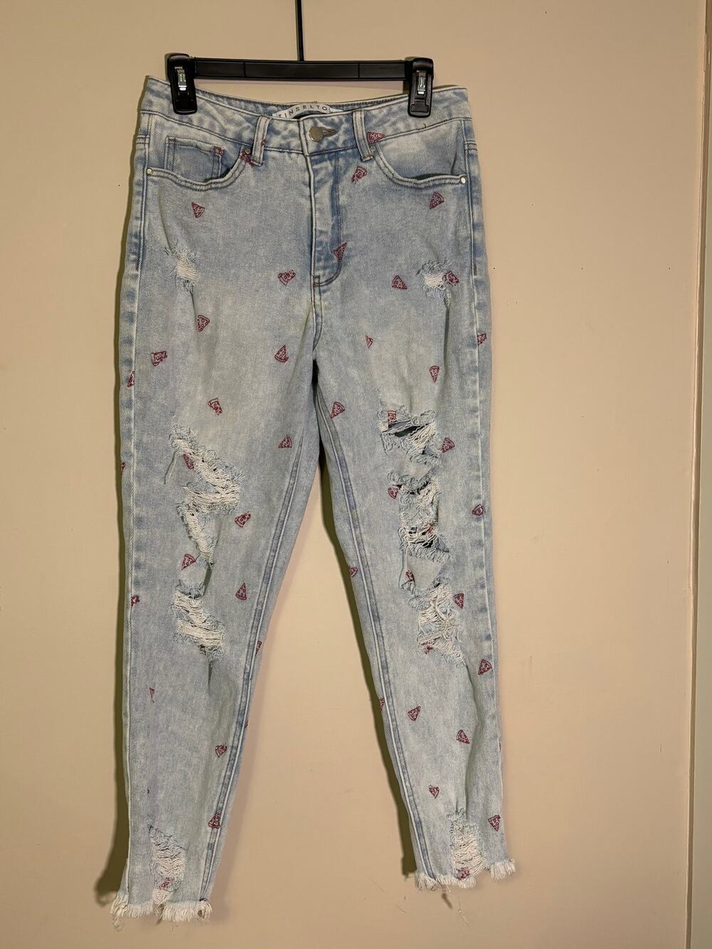 Tinseltown distressed mom jeans embroidered red pizza slice pattern frayed